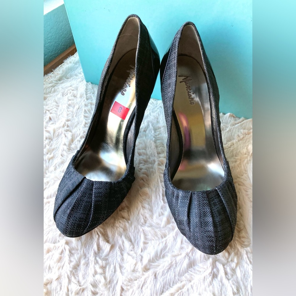 🗝️MARCIANO🗝️ PM “Bellagio” shimmer plaid fabric, pleated, patent leather heels